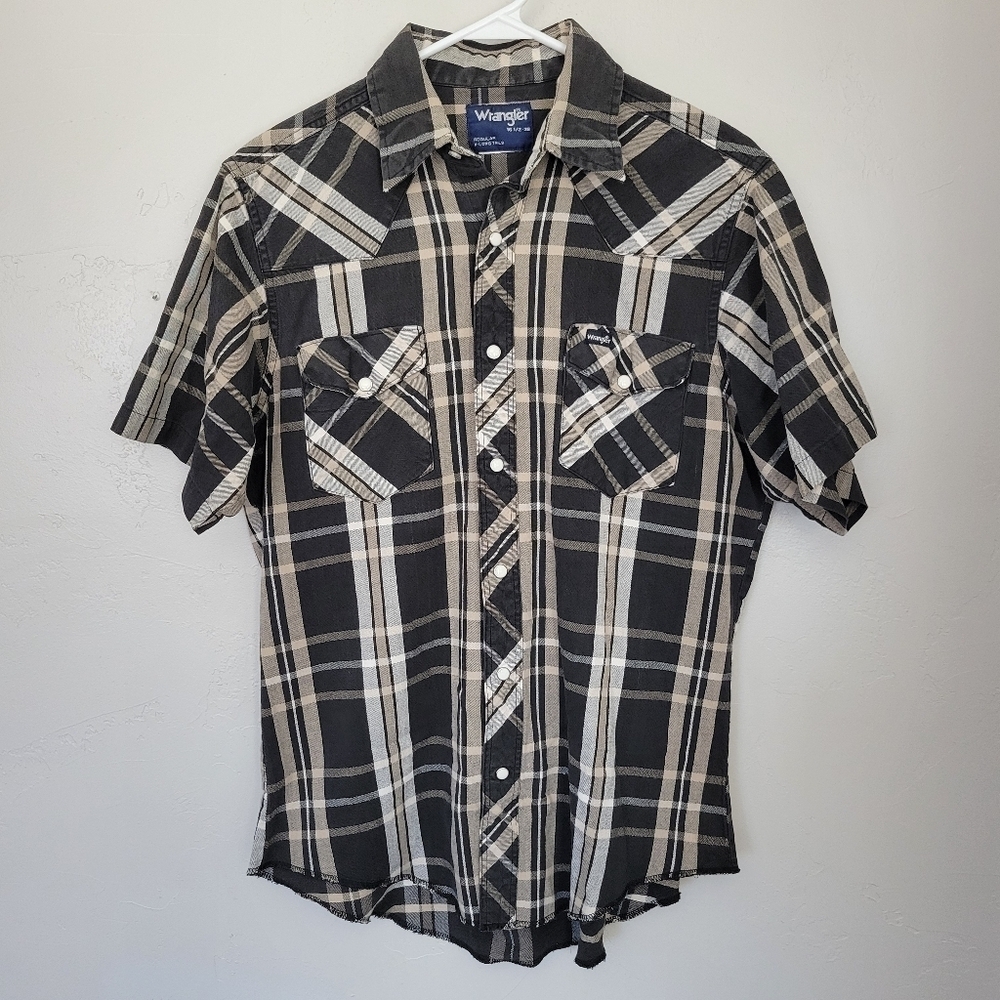 Wrangler Men's 16.5 - 36 Short Sleeve Button Up Shirt Black Beige White Plaid
